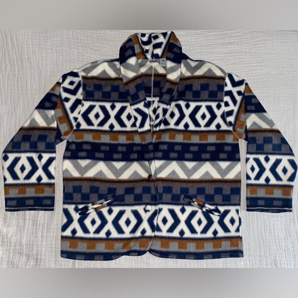 Cabin Creek Jacket Womens Large Aztec Print Blue Fleece Shoulder Pads Geometric